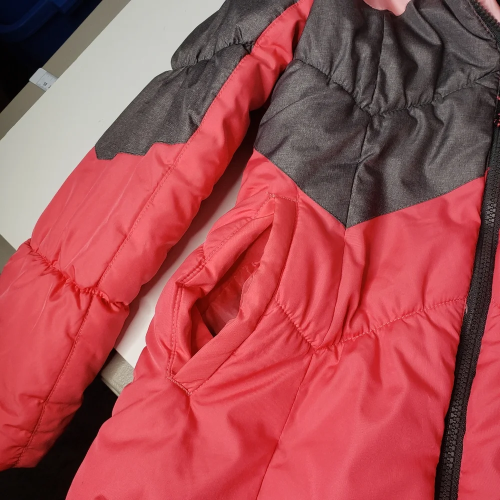 London Fog Girls Puffer Coat XL Hooded Chevron Colorblock Fleece Lined Winter